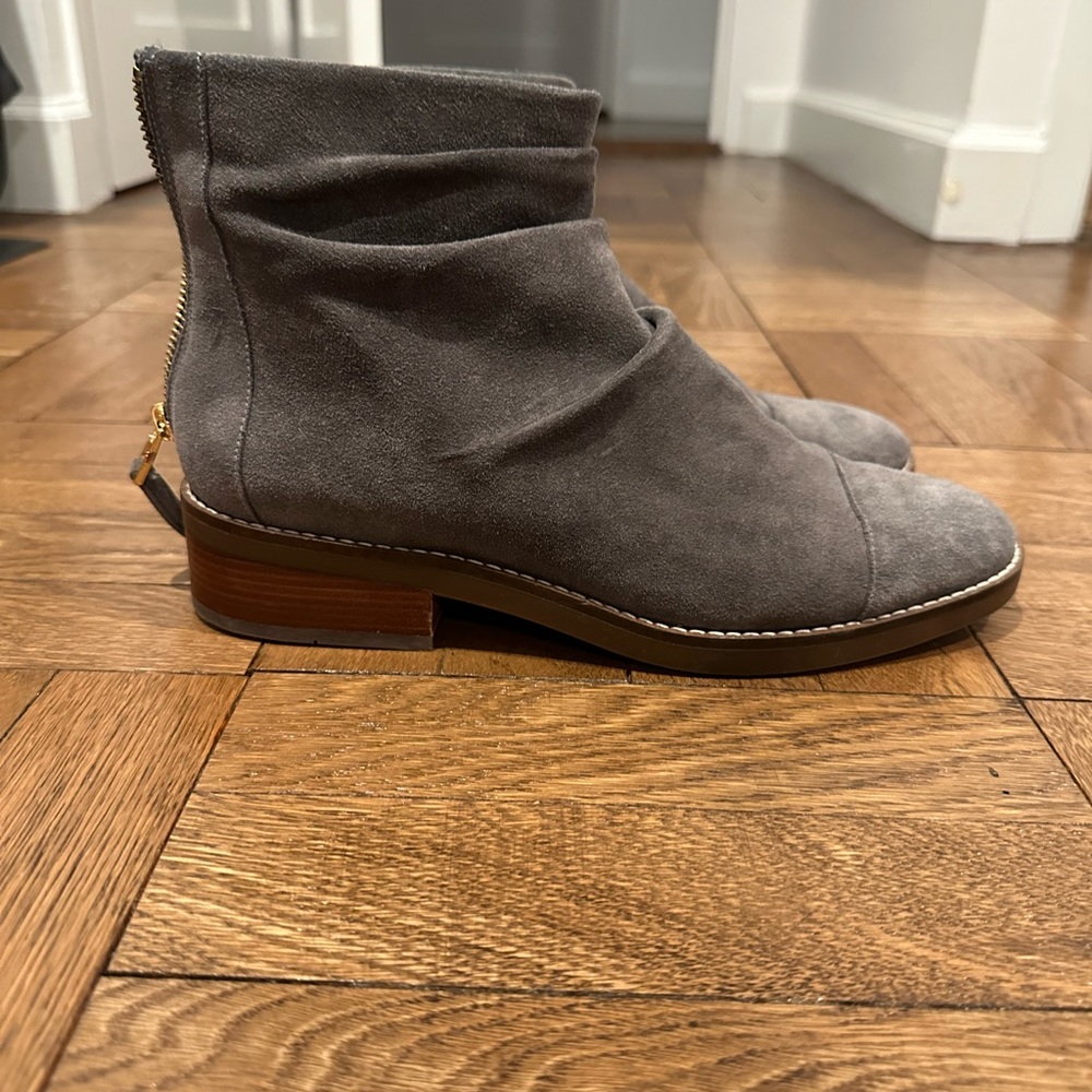 NWOT Cole Haan grey suede Riona booties w gold zipper